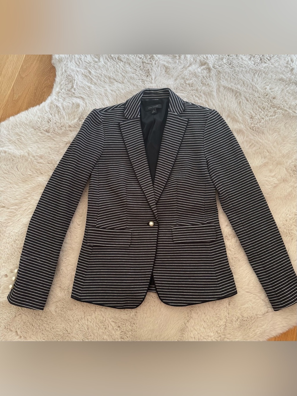 Ann Taylor Black and White Striped Single-Button Ponte Blazer